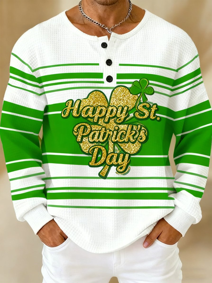 Camisa St. Patrick's Day Shamrock Art tejido tipo waffle Henley para hombre