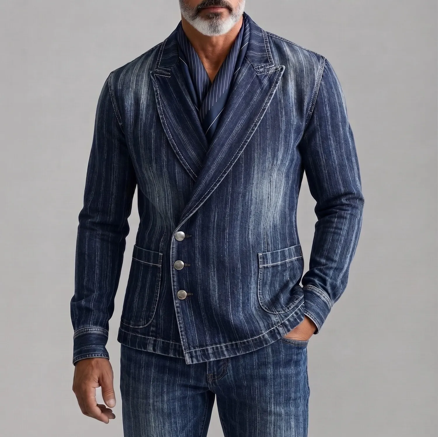 para hombre Navy Blue a rayas Denim Peak Lapel Asymmetric Single Breasted saco