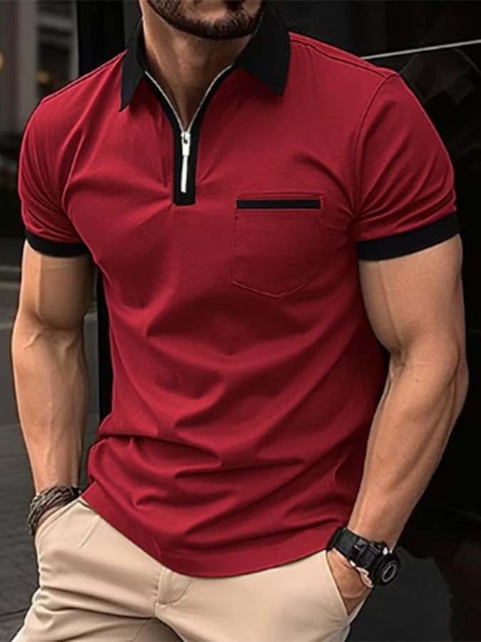 Camisa polo Color-Block geométrico estampado solapa cierre Pullover casual