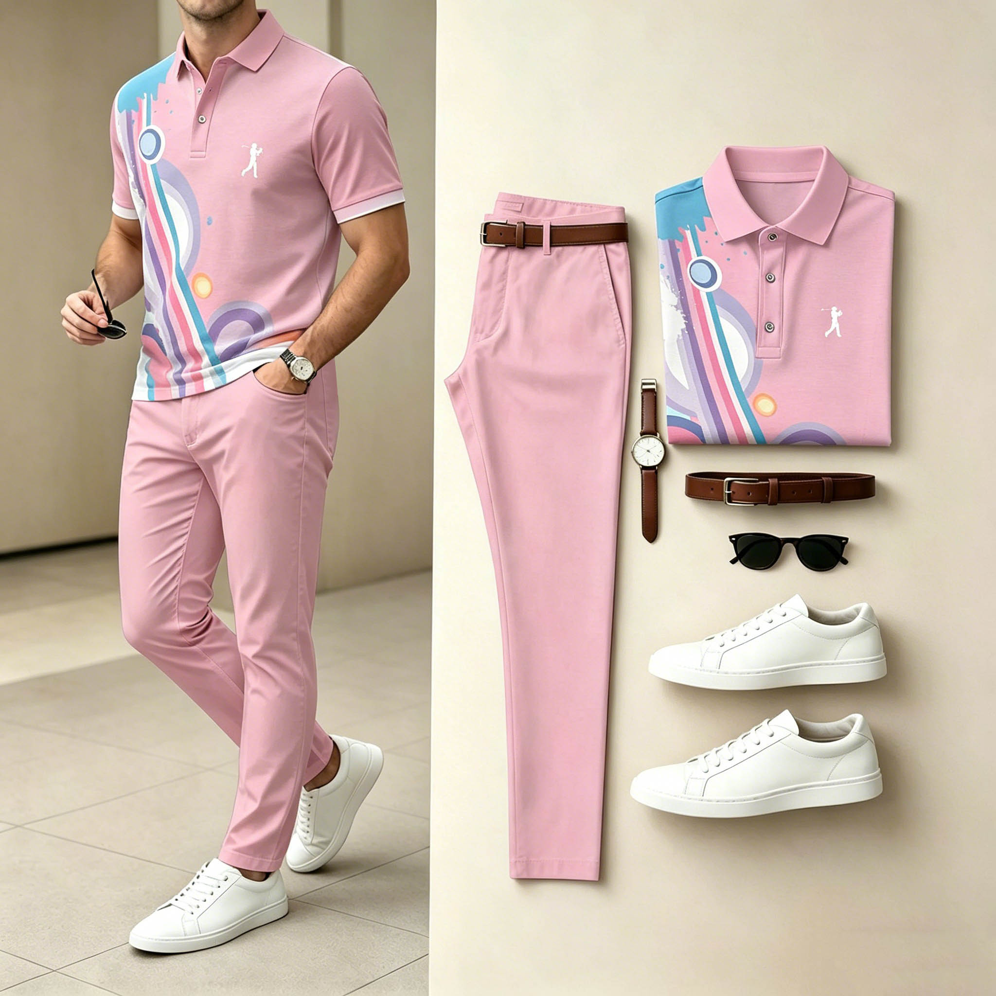 Conjunto de dos piezas casual Pink Graffiti Circle estampado camisa polo & pantalón para hombre