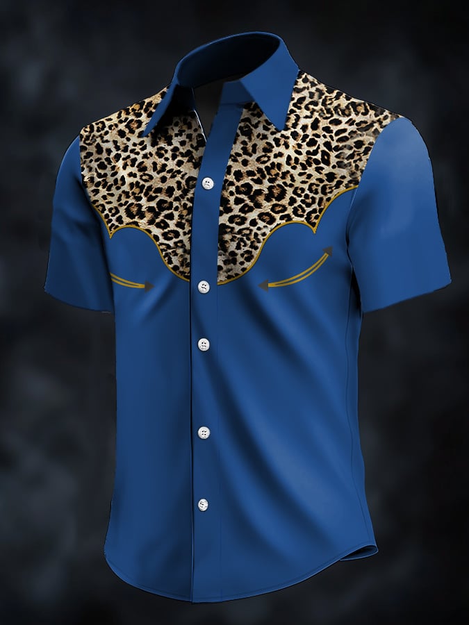 Camisa retro Western Contrast estampado de manga corta casual para hombre