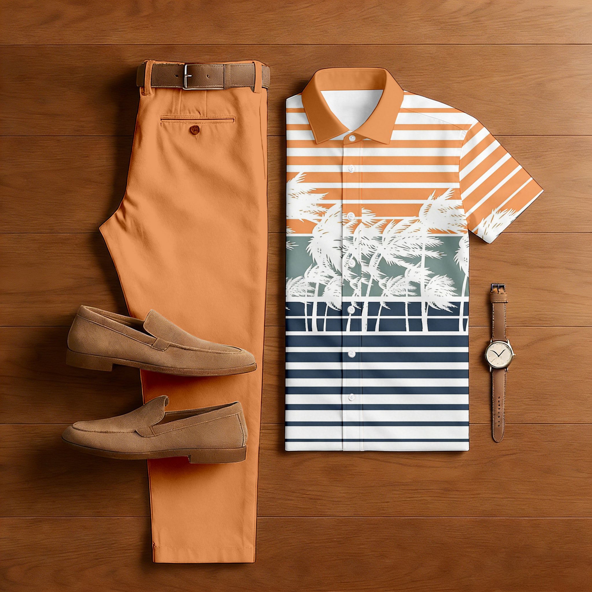 Conjunto de dos piezas casual Orange & Navy Blue Color Matching a rayas & Trees estampado de manga corta camisa & Trousers para hombre