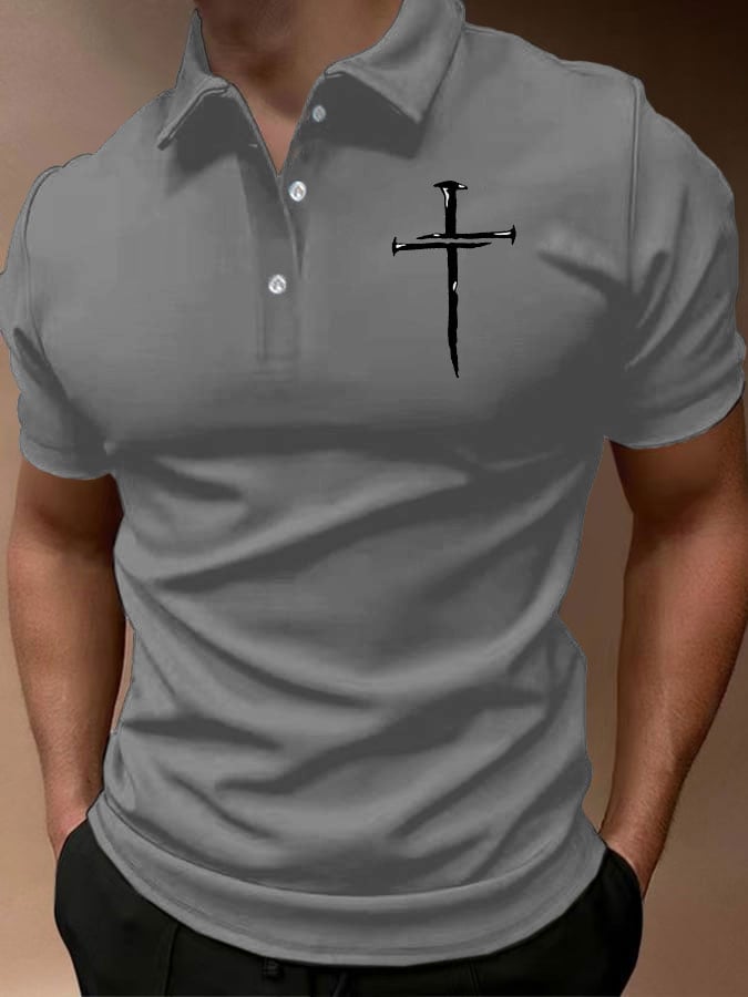Casual Cross estampado Button cuello Polo Top para hombre