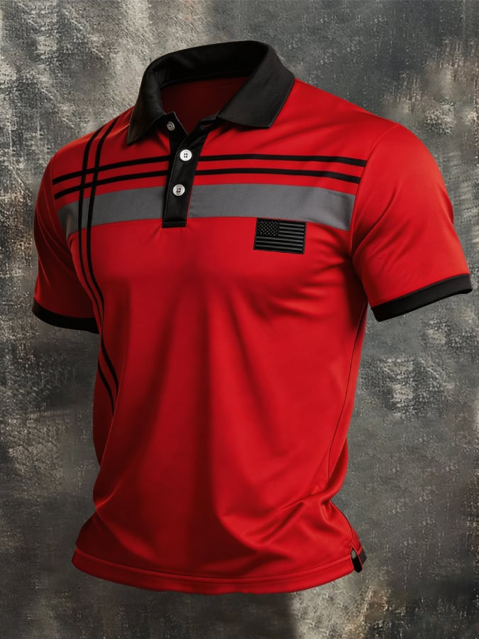 Retro Patriot en bloques de color Polo Collar de manga corta para hombre