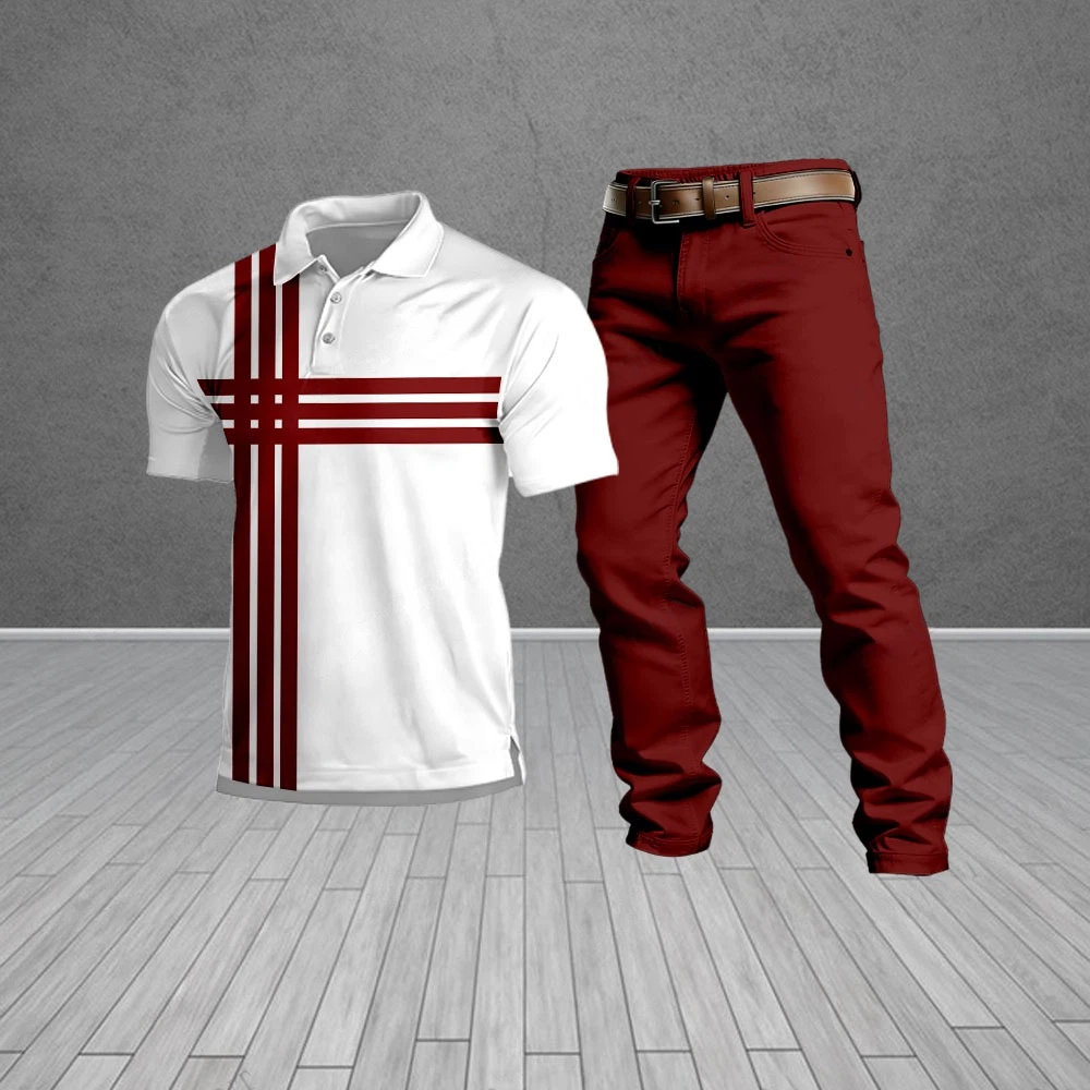 Conjunto de dos piezas casual White & Red a rayas de manga corta camisa polo And Trousers para hombre