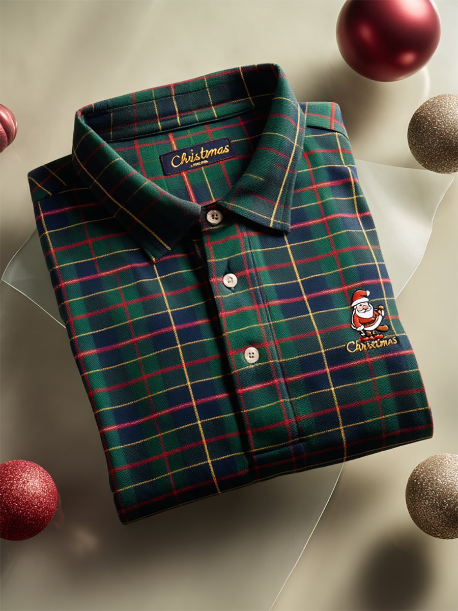 Camisa polo Christmas a cuadros de manga larga para hombre