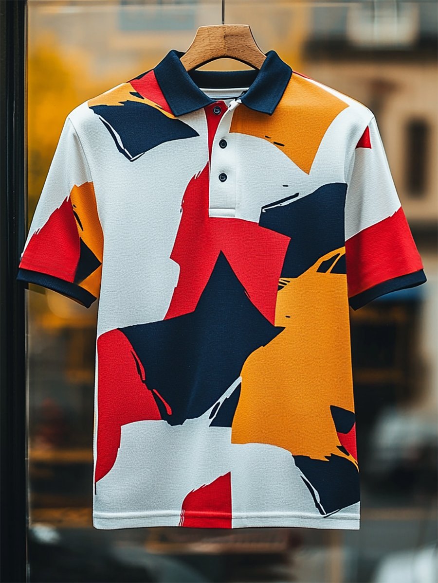 Camisa polo ejecutivo casual Bauhaus estampado Button de manga corta para hombre