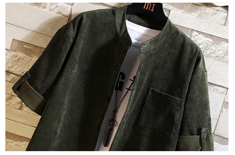 Camisa pana Middle Sleeve Thickened retro de color sólido para hombre