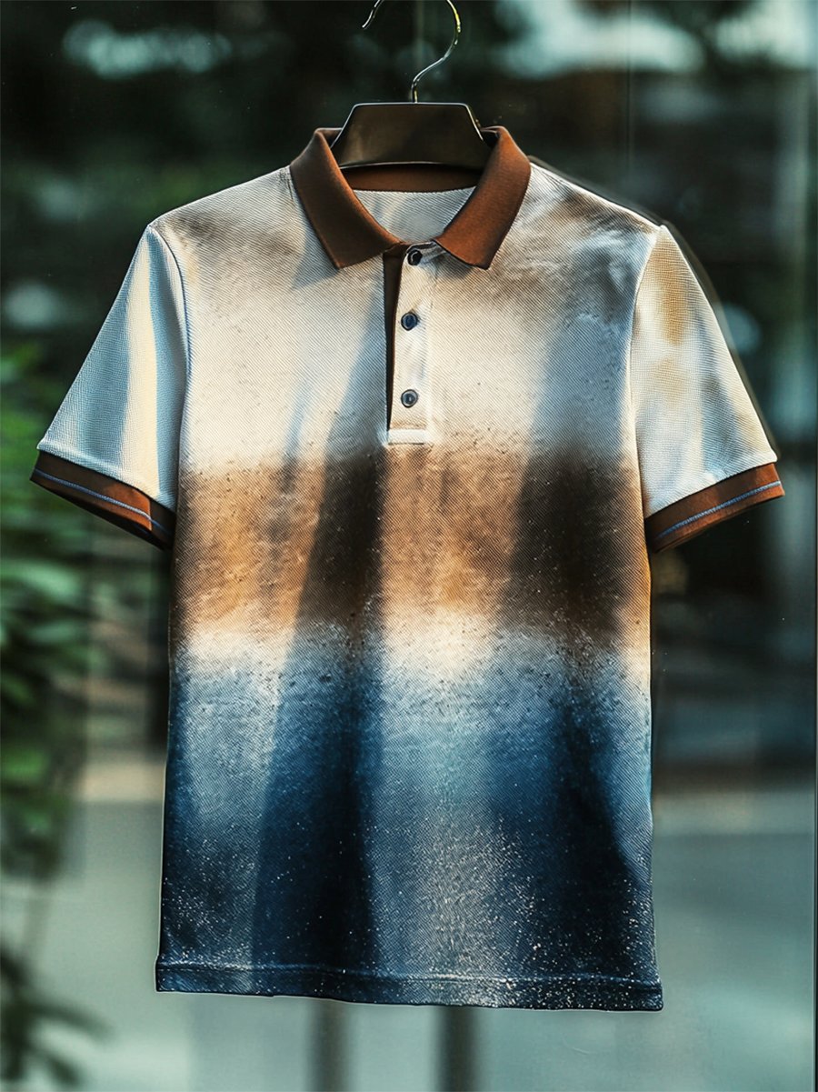 Camisa polo casual Holiday degradado estampado Button de manga corta para hombre
