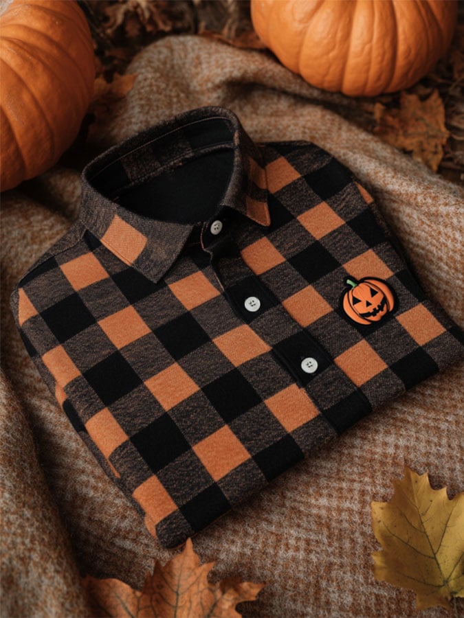 Camisa polo Halloween a cuadros Pumpkin casual estampado para hombre