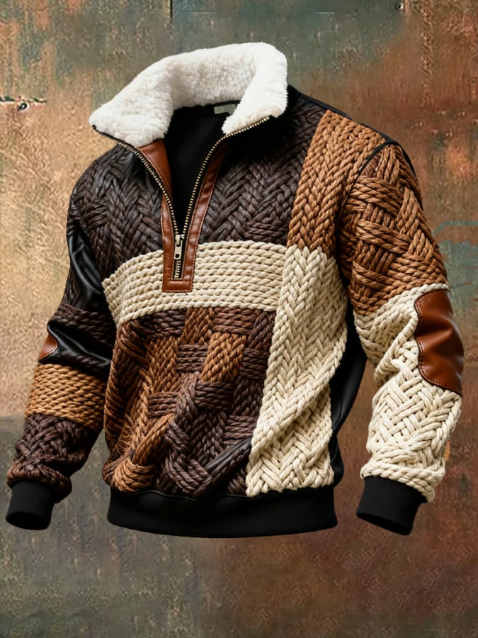 Sudadera retro en bloques de color estampado casual Fur cuello de manga larga para hombre