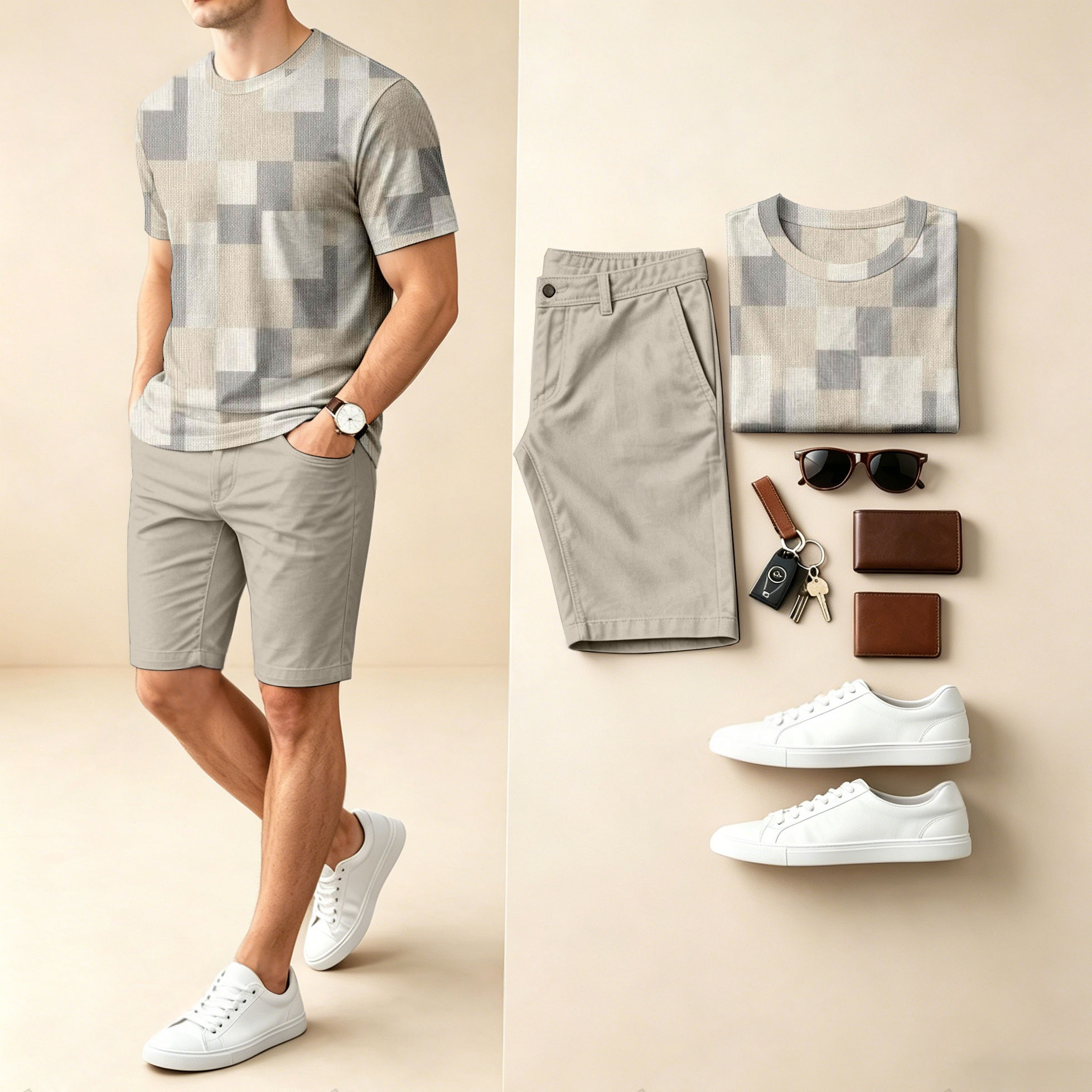Conjunto de dos piezas casual Color-Blocked estampado Round-Neck de manga corta camiseta And shorts para hombre