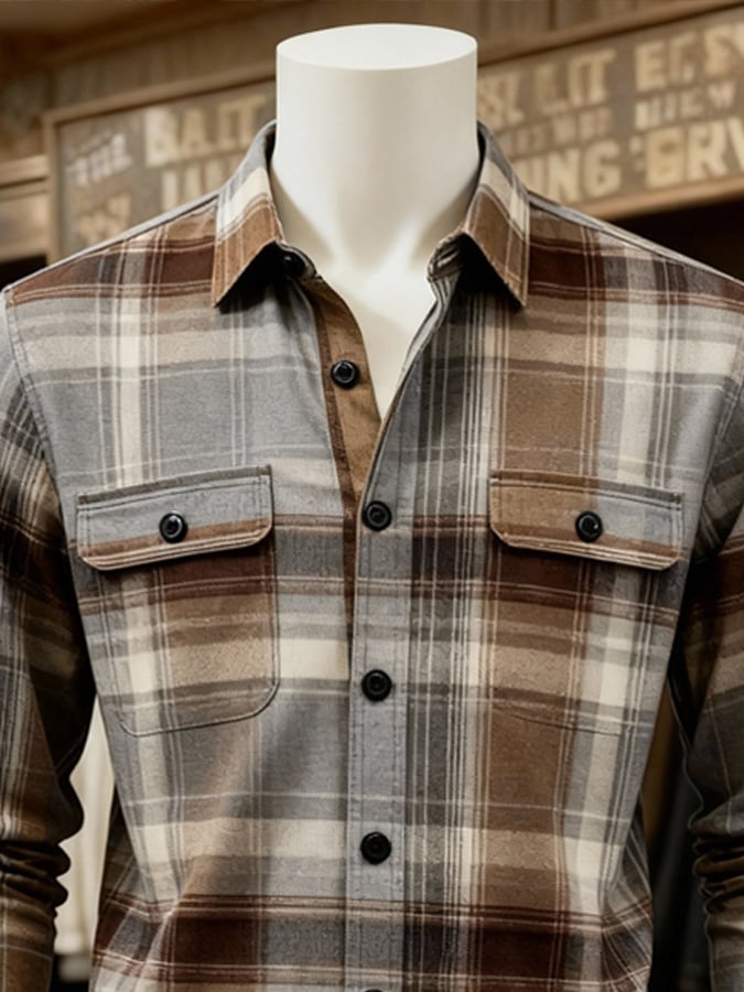 Camisa retro a cuadros Contrast Color de manga larga para hombre