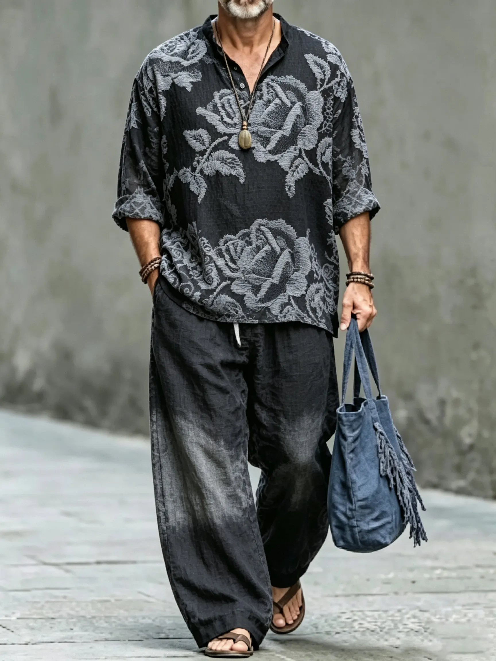 para hombre vintage Abstract Art estampado de algodón camisa Set (Top & pantalón)