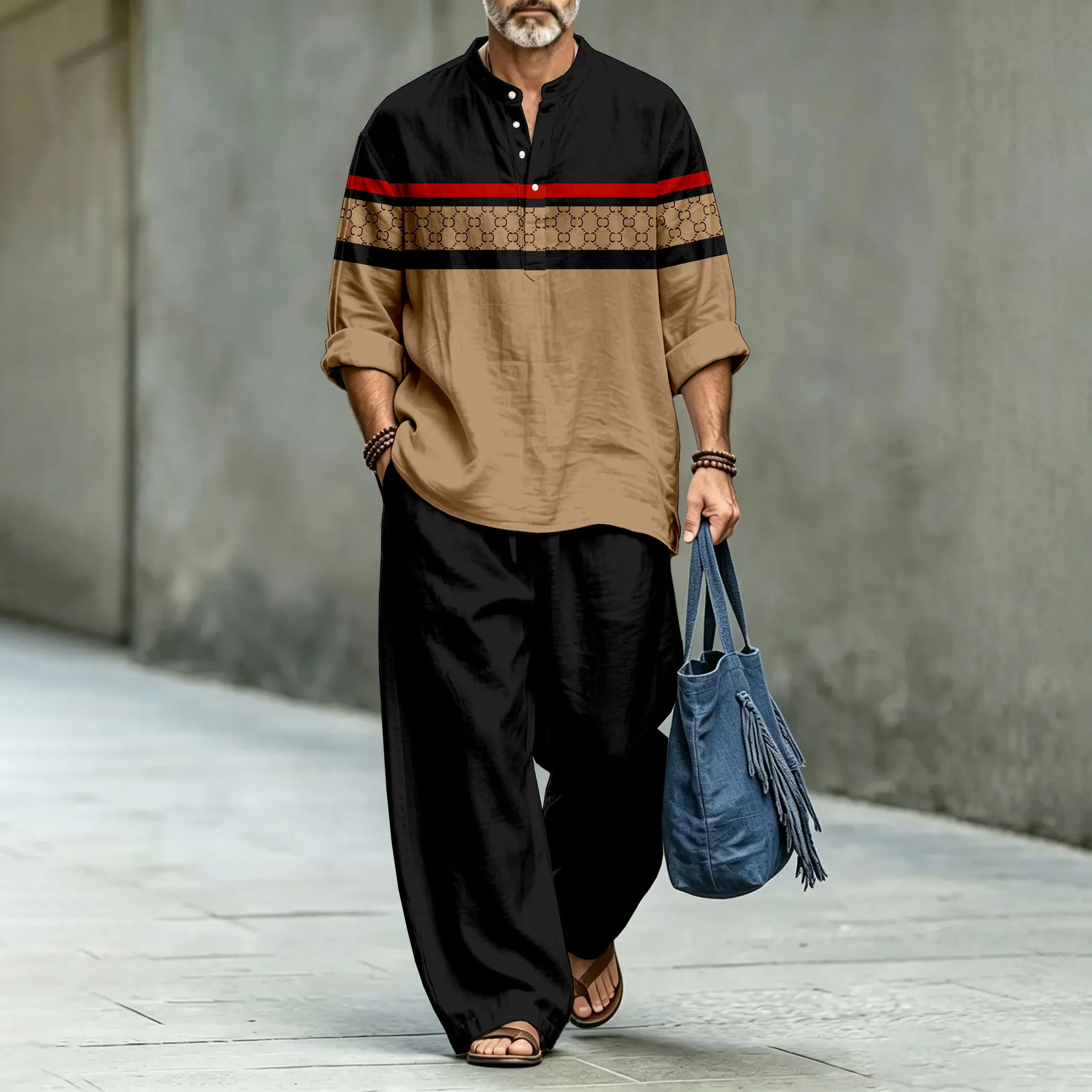 para hombre Two-Piece Suit Set with Color-Blocked Stand-Up Collar camisa polo and Long pantalón