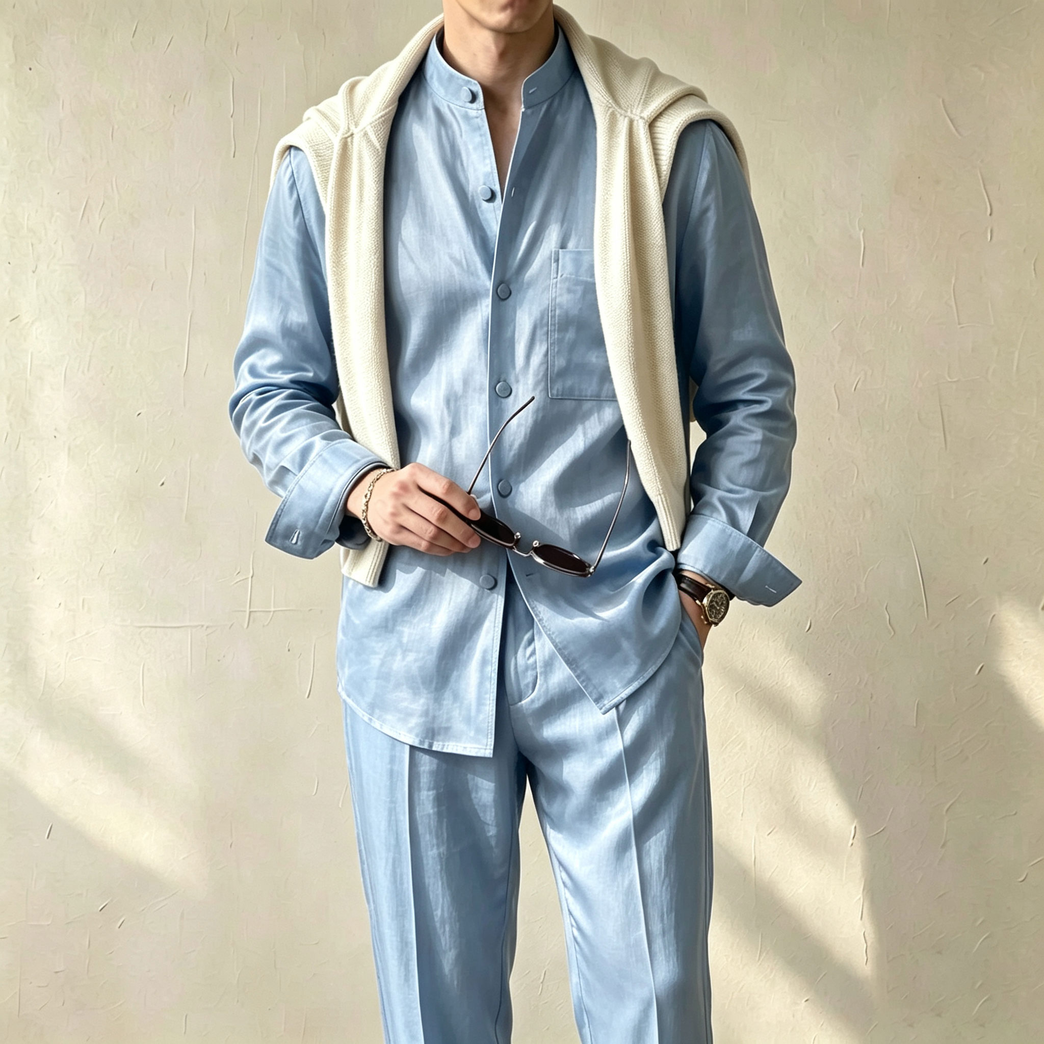 Conjunto de dos piezas casual Solid-Color estampado Stand-Collar de manga larga camisa and pantalón para hombre