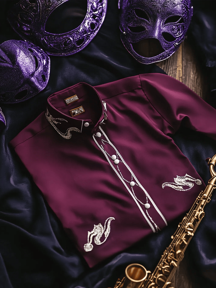 Camisa Purple Mardi Gras Theme de lujo de manga larga para hombre