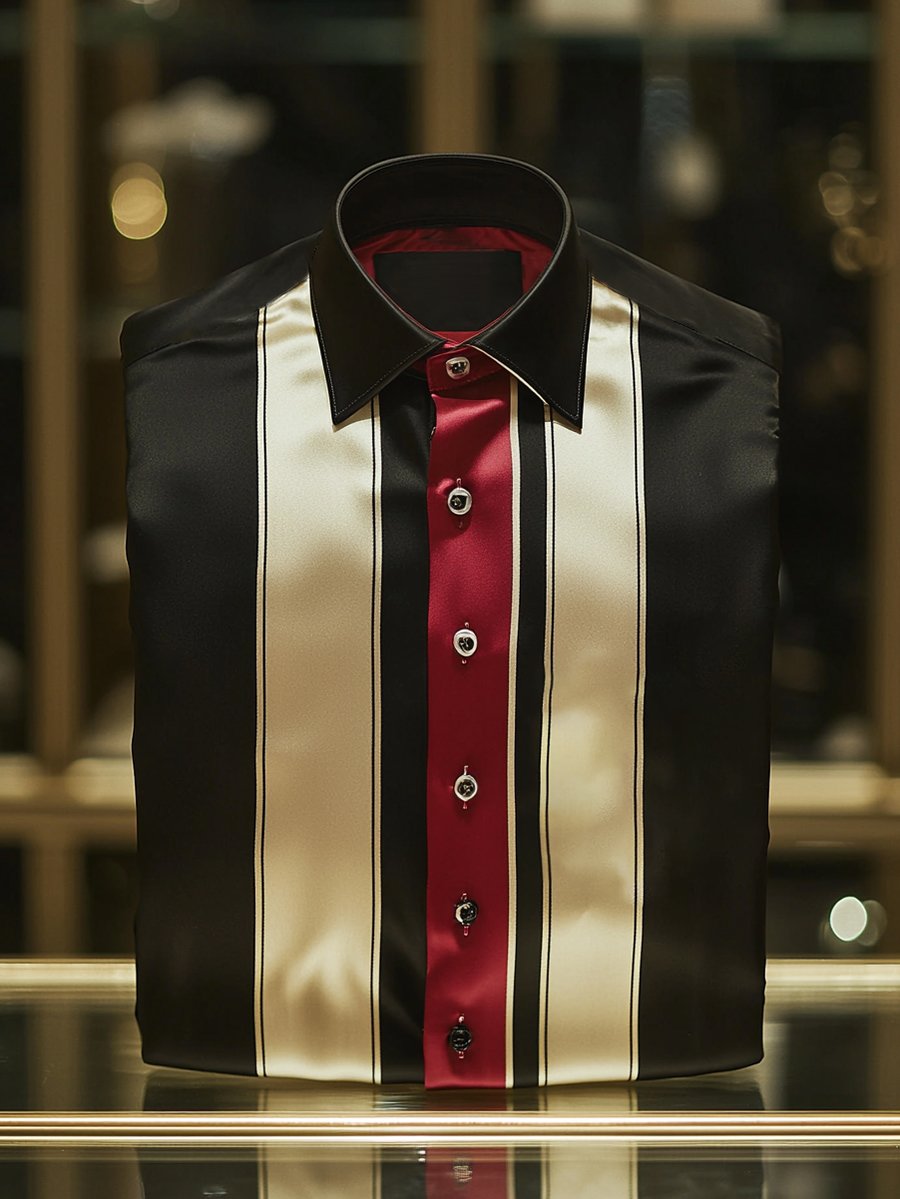 Camisa satén de lujo ejecutivo Charlie Sheen a rayas de manga larga para hombre
