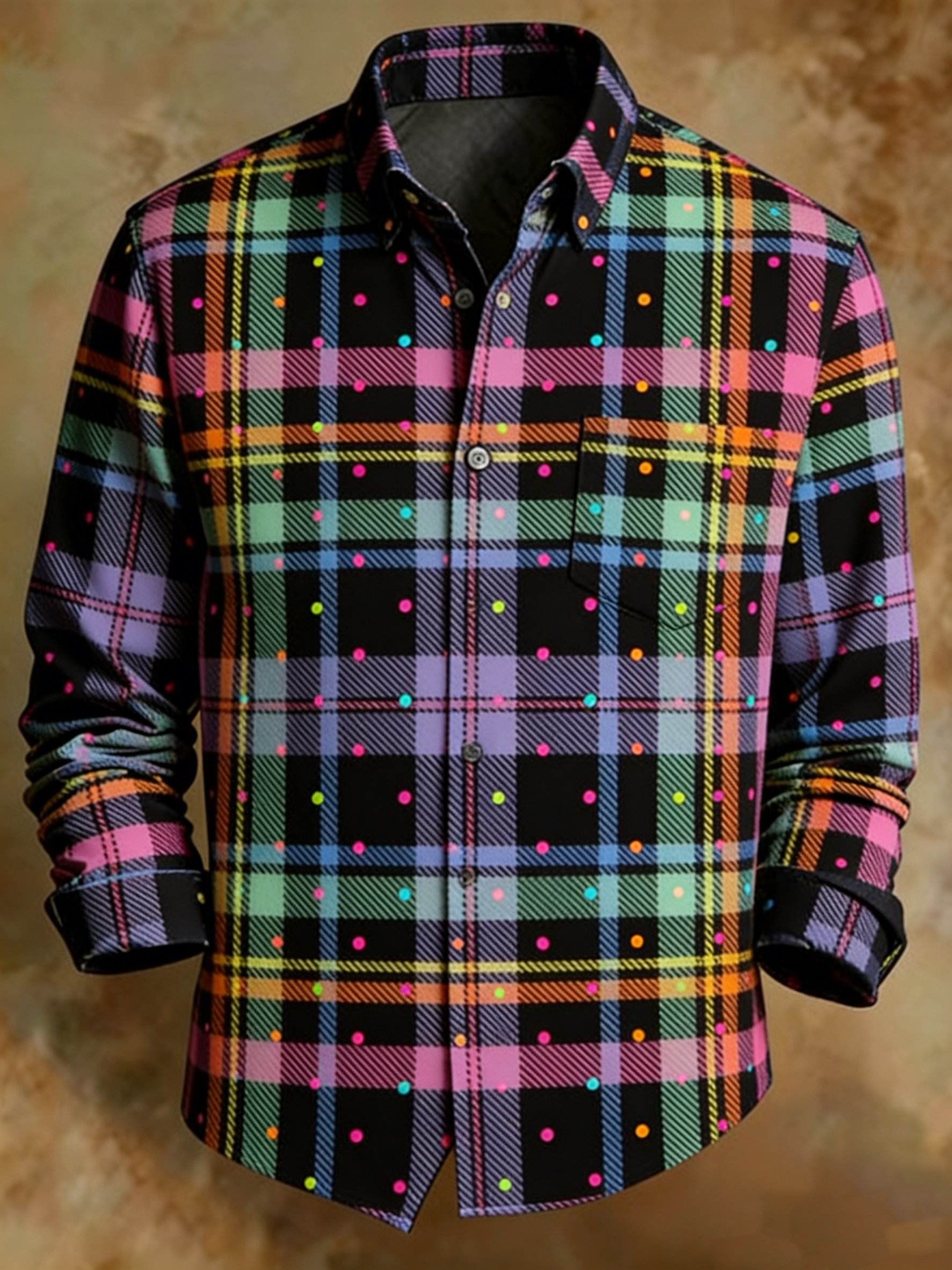 Camisa retro Neon Polka Dot a cuadros Black Multicolor Grid Button-Up casual camisa para hombre