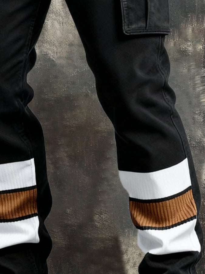 Pantalón retro en bloques de color desgastado bolsillo Cargo para hombre