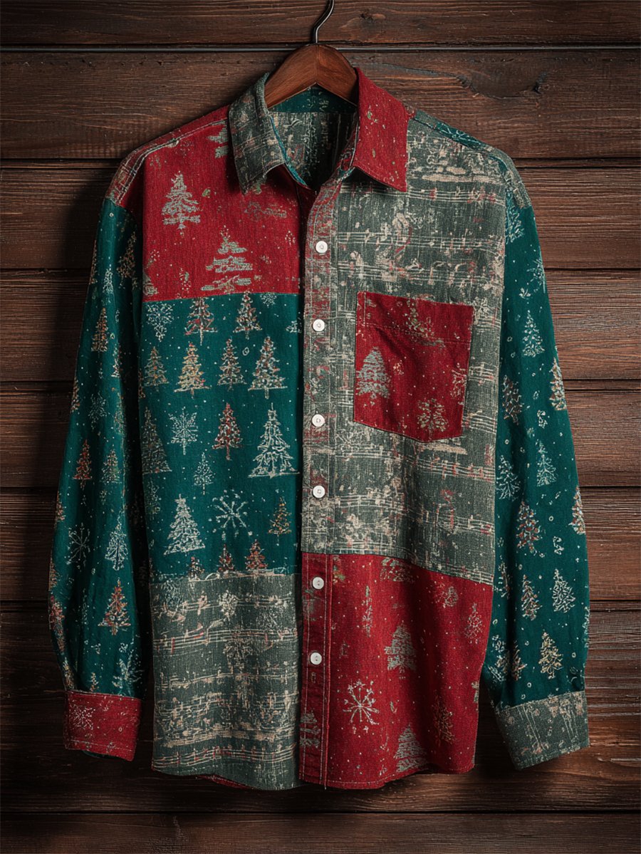 Camisa retro casual Christmas Tree Musical Notes de manga larga para hombre