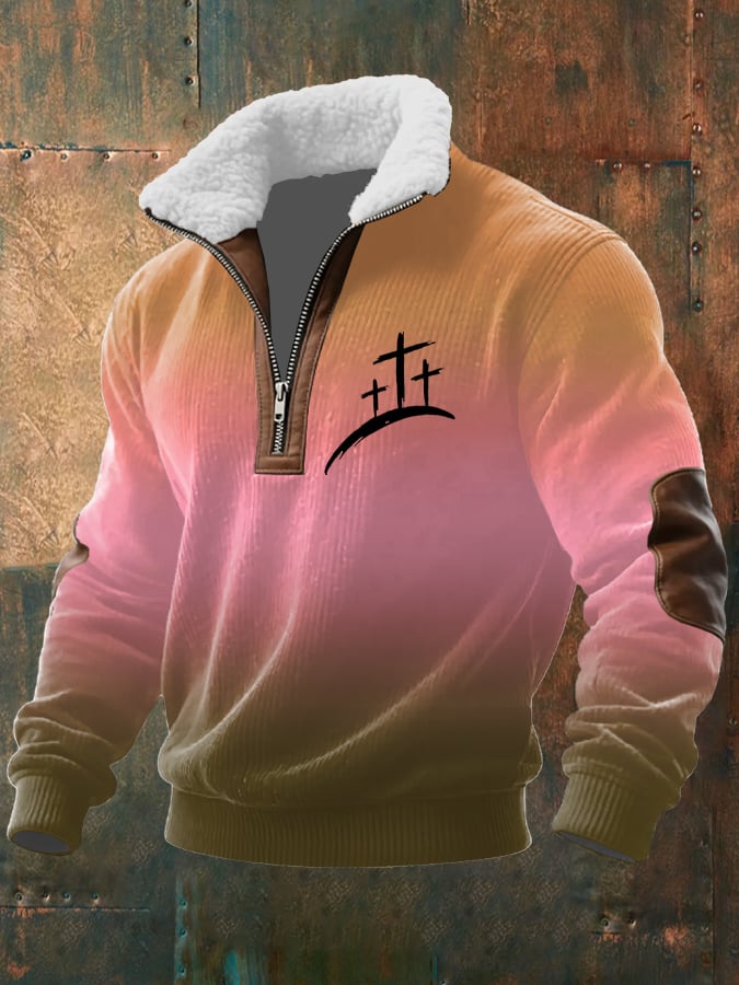 Sudadera vintage Faith estampado Zip Fur cuello de manga larga texturizado para hombre