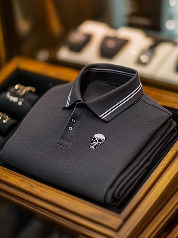 Camisa polo ejecutivo casual Skull estampado con botones para hombre