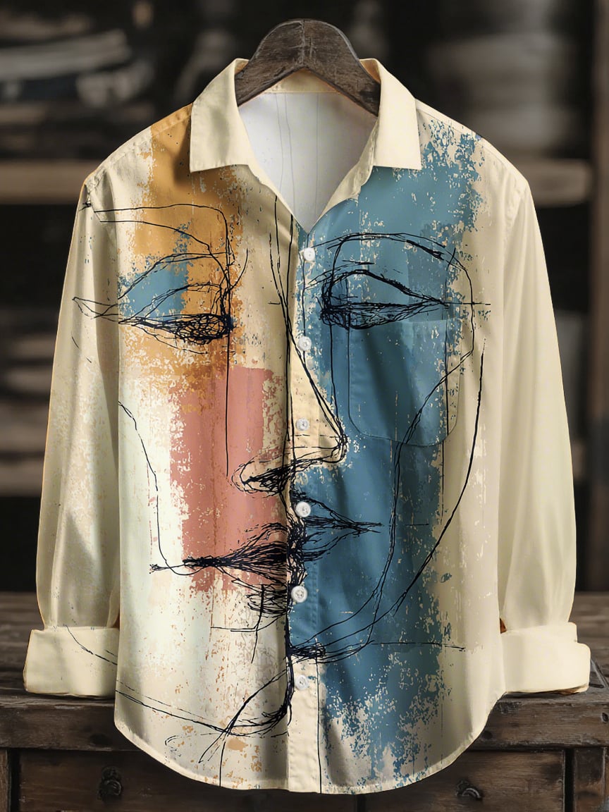 Camisa hawaiano Abstract Face Art casual geométrico Art de manga larga para hombre