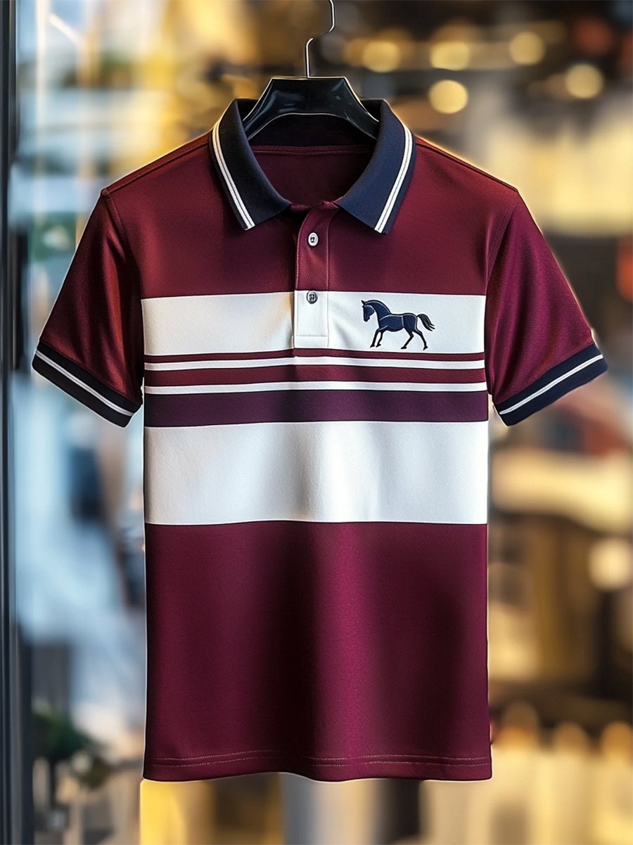 Camisa polo ejecutivo rayas Logo con botones de manga corta para hombre