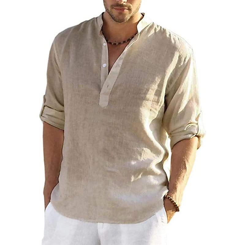 Camisa de lino camisa Band cuello camisa Popover camisa Summer camisa Beach Wear de color sólido hawaiano Holiday Black White Yellow Pink de manga larga Henley Summer Spring Clothing Apparel con botones para hombre - vista 3