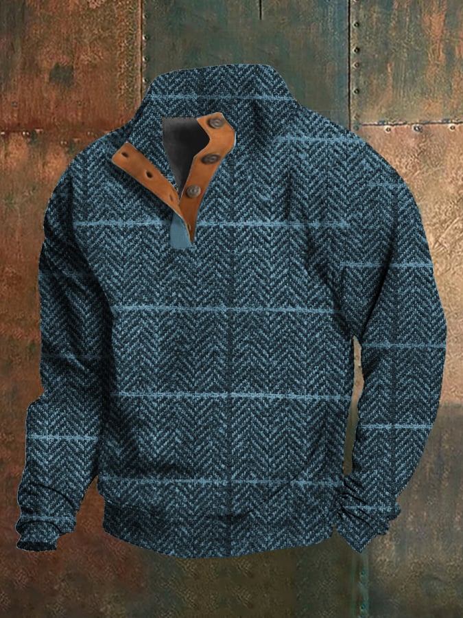 Sudadera Western vintage a cuadros estampado Stand cuello con botones para hombre