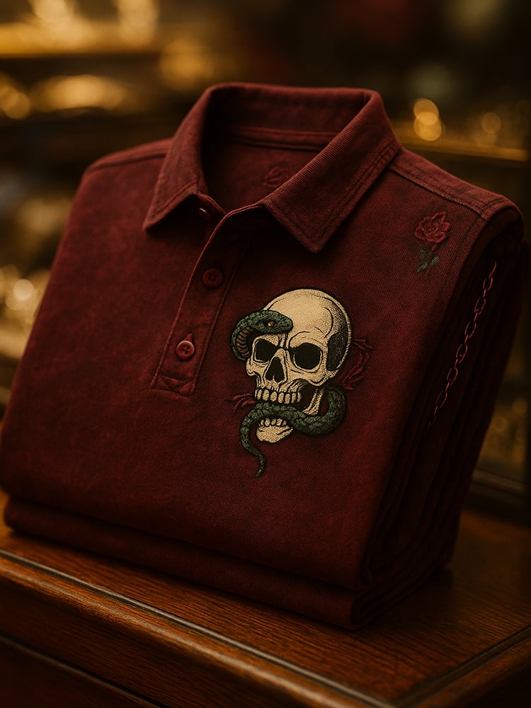 Camisa polo ejecutivo casual Skull estampado con botones para hombre
