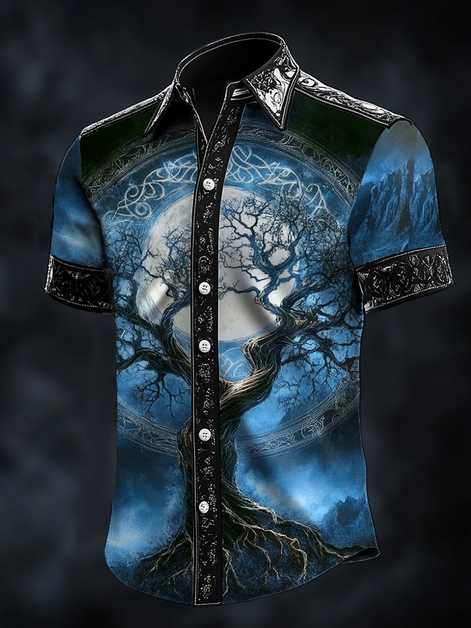 Camisa casual Dark Viking Tree Of Life estampado satén para hombre