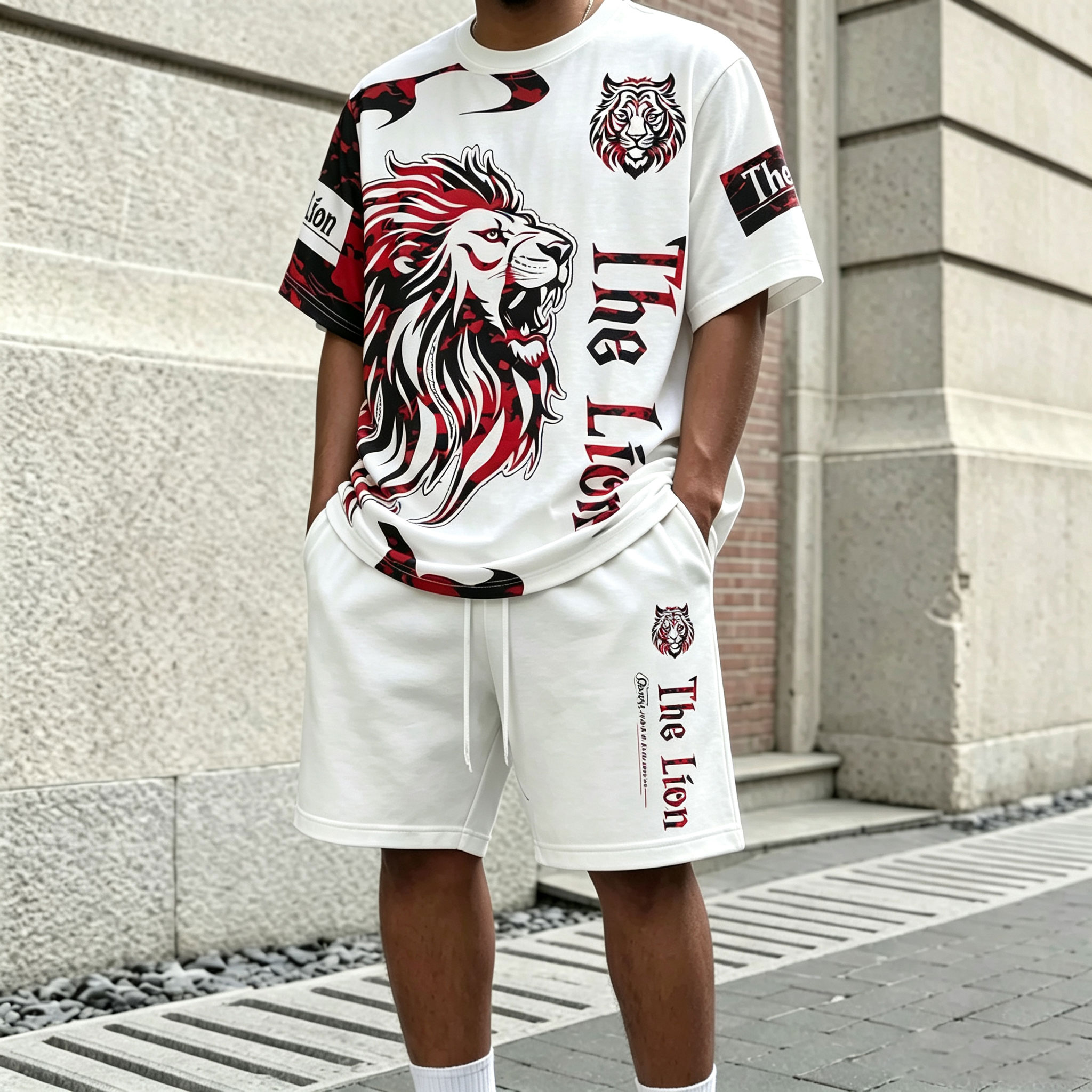 Conjunto de dos piezas casual Lion-estampado Round-Neck de manga corta camiseta and shorts para hombre