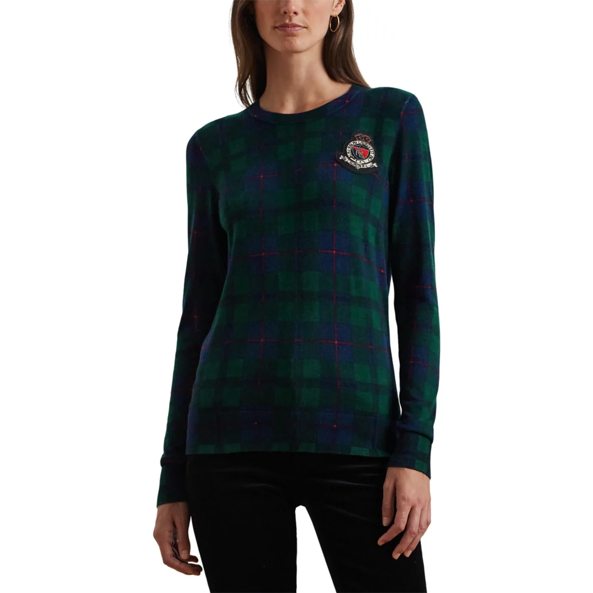 Women's Black Watch Plaid Beaded-Crest Sweater - 1