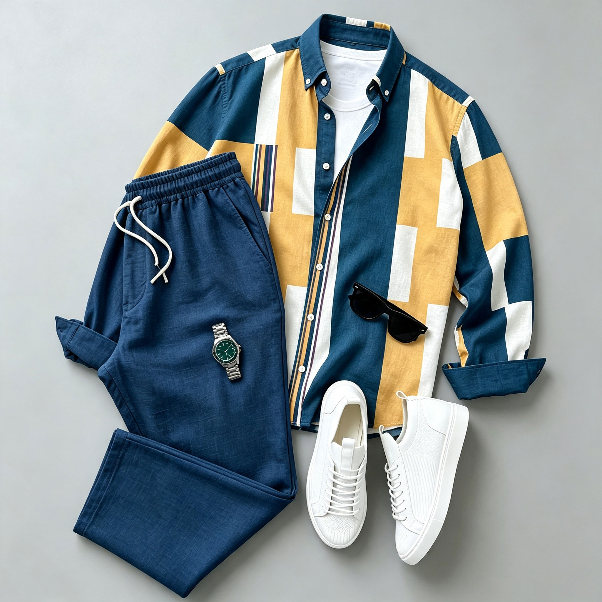 para hombre Multi-en bloques de color-Print de manga larga camisa and pantalón Set