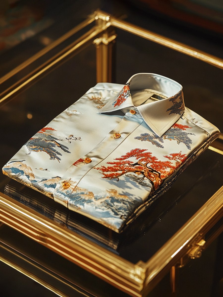 Camisa satén de lujo ejecutivo Ukiyo-E de manga larga para hombre