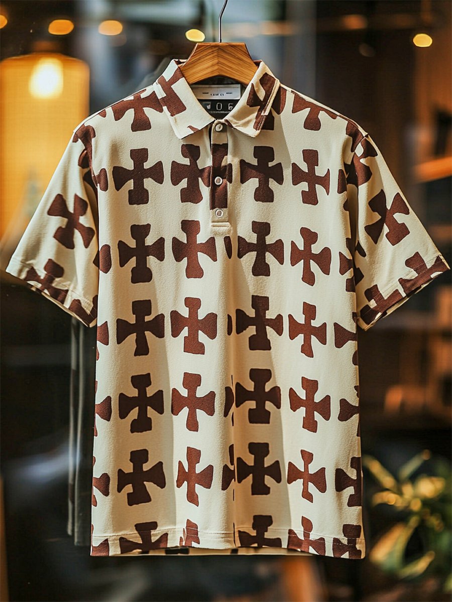 Camisa polo ejecutivo casual Cross estampado Button de manga corta para hombre