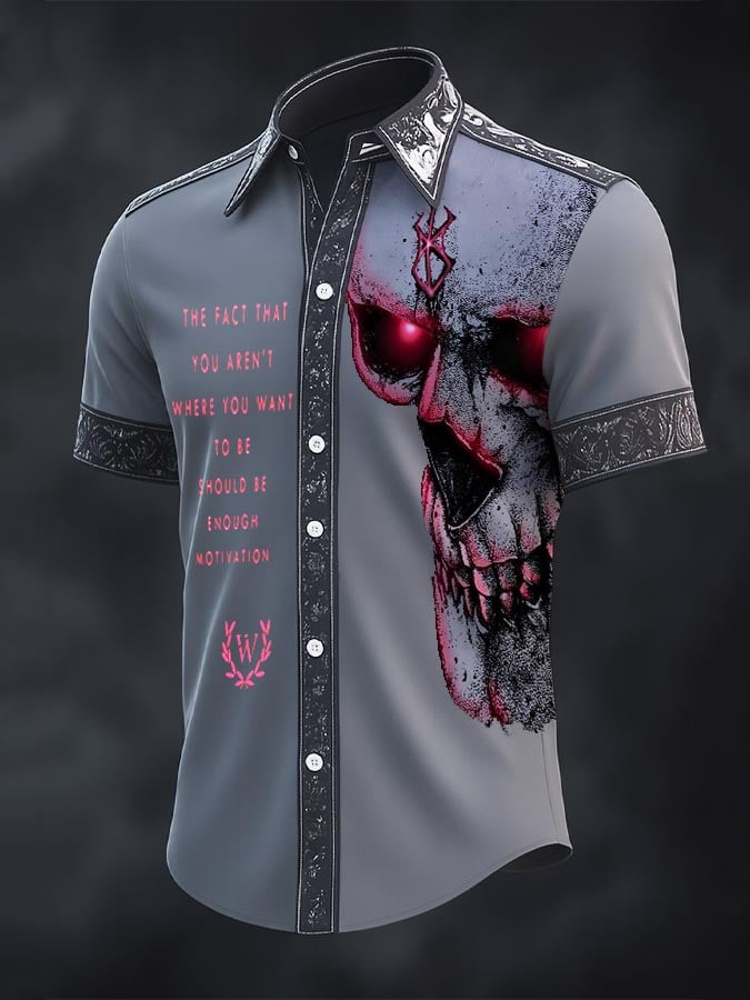 Camisa retro Western Gothic Skull estampado de manga corta para hombre