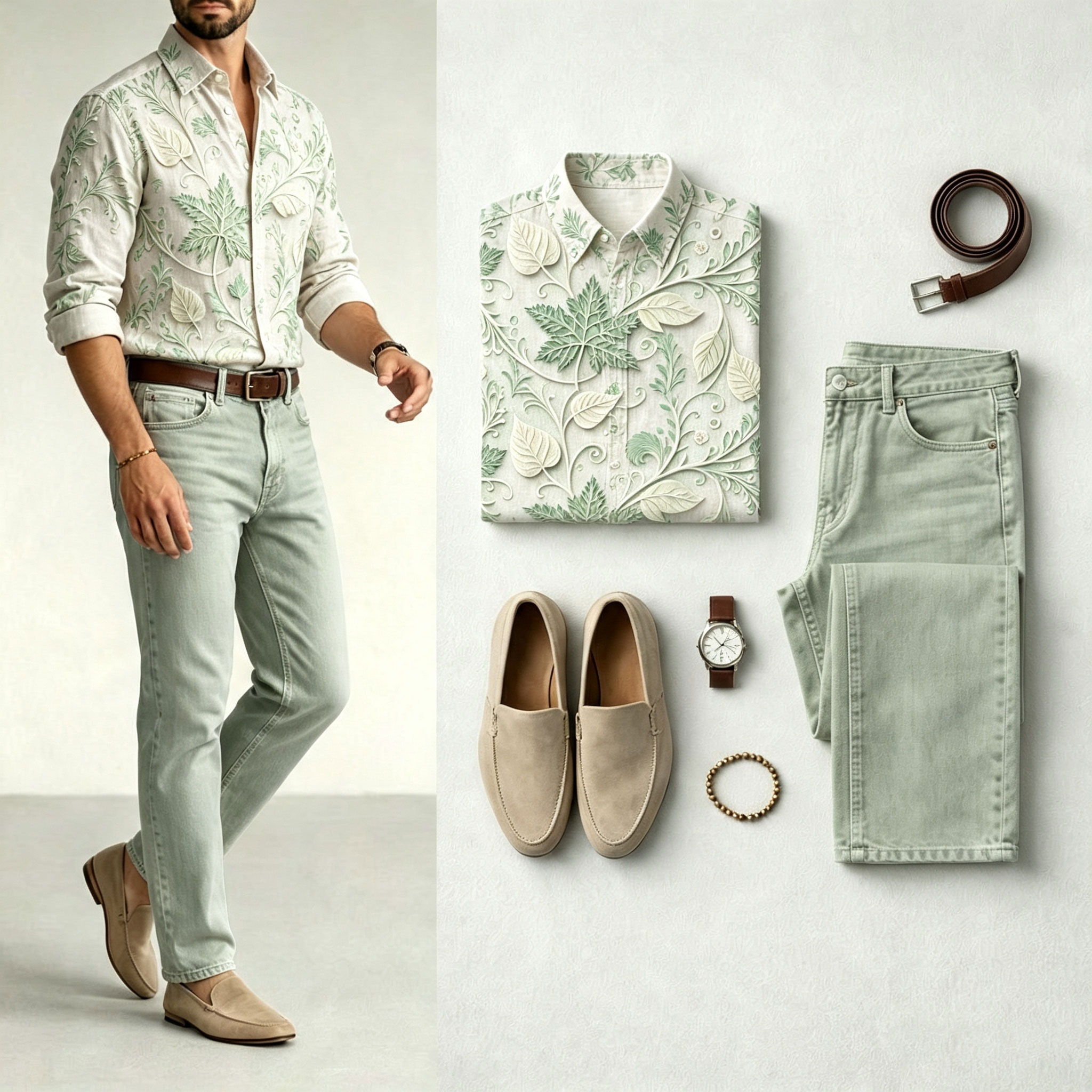 para hombre floral-Print de manga larga camisa and Jeans Set