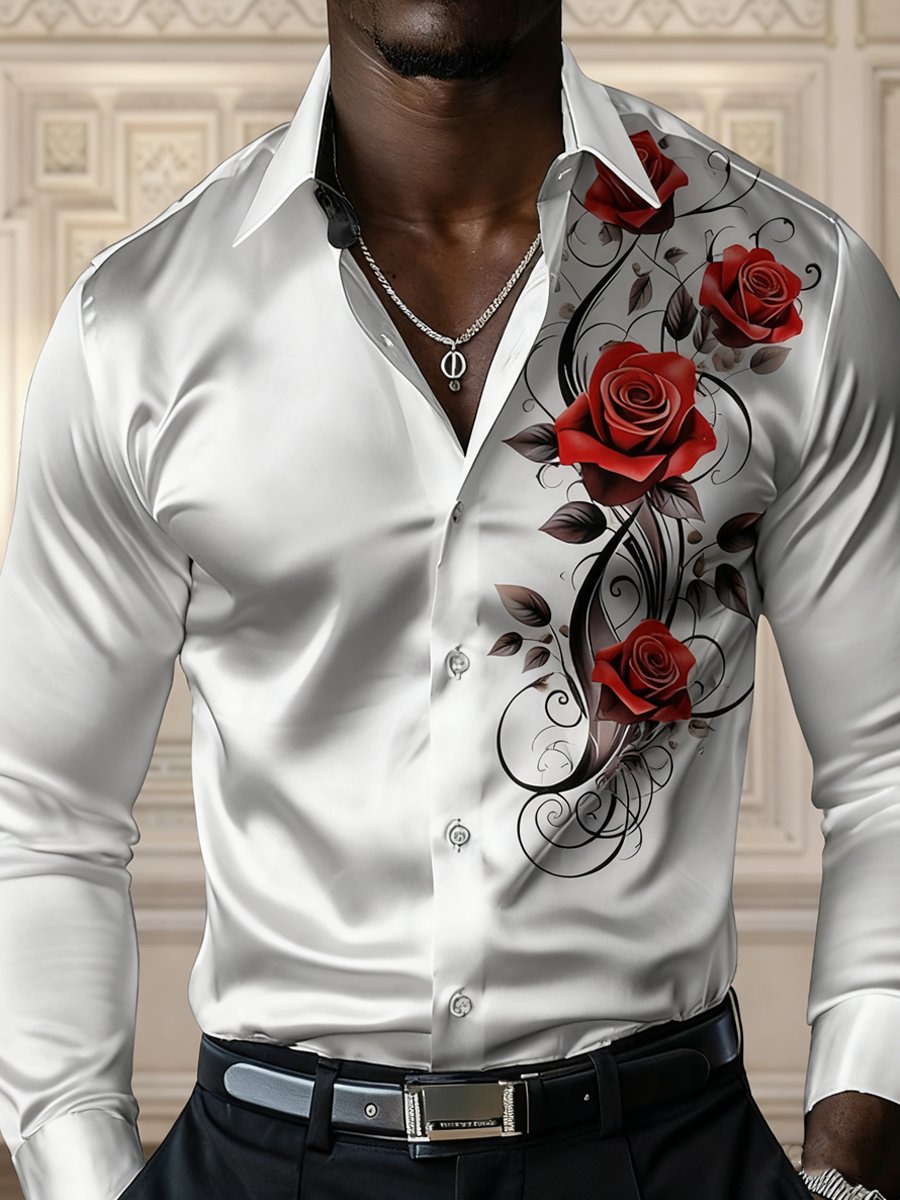 Camisa de lujo vintage Rose floral de manga larga para hombre