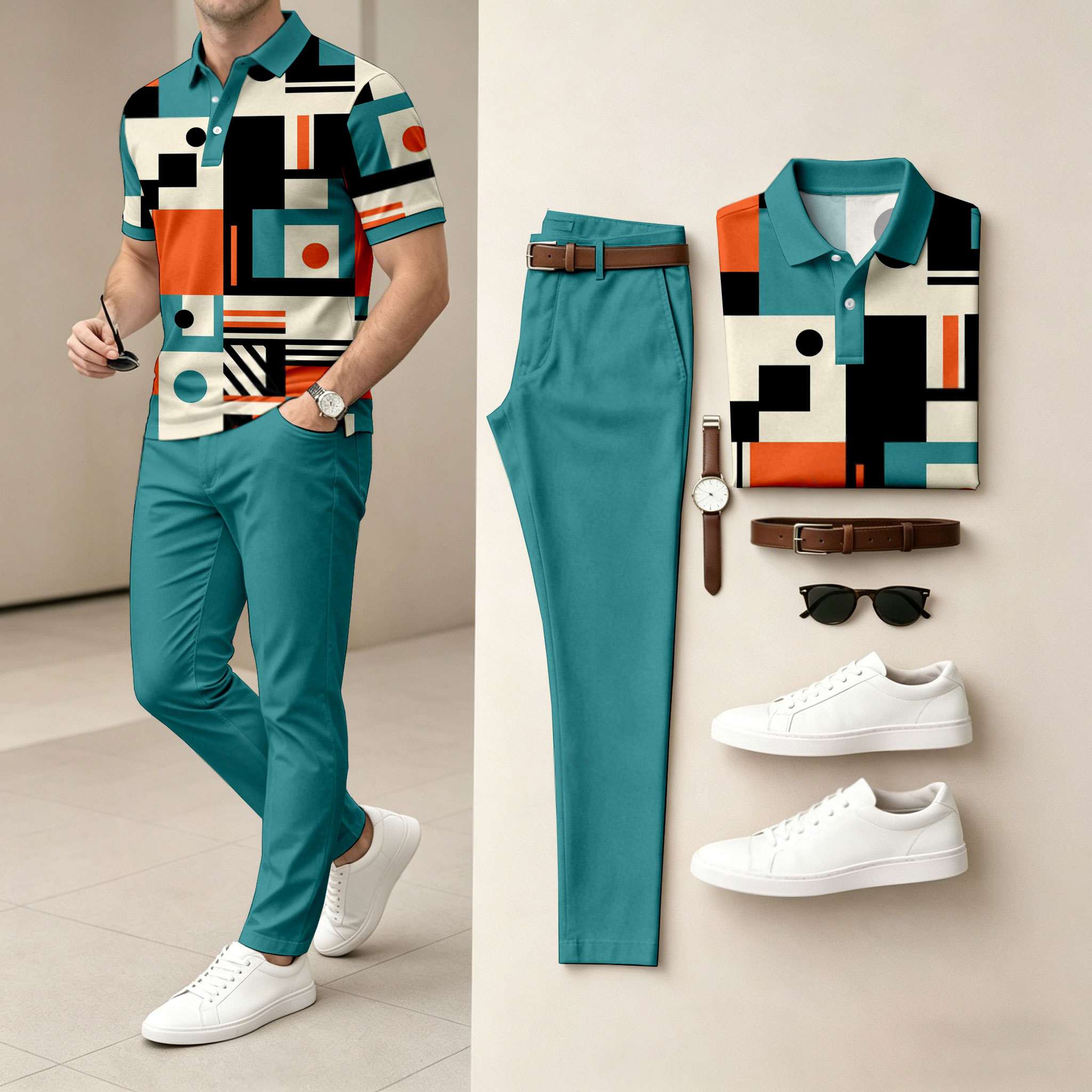 Camisa polo casual Color-Blocked estampado de manga corta And pantalón Set (Excludes Accessories Such As Watches And Belts) para hombre