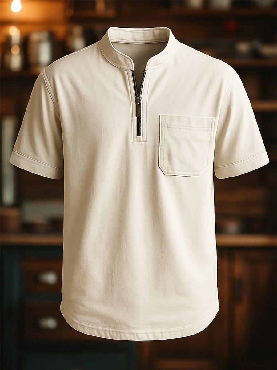 Camiseta de algodón casual de manga corta Henley Neck para hombre