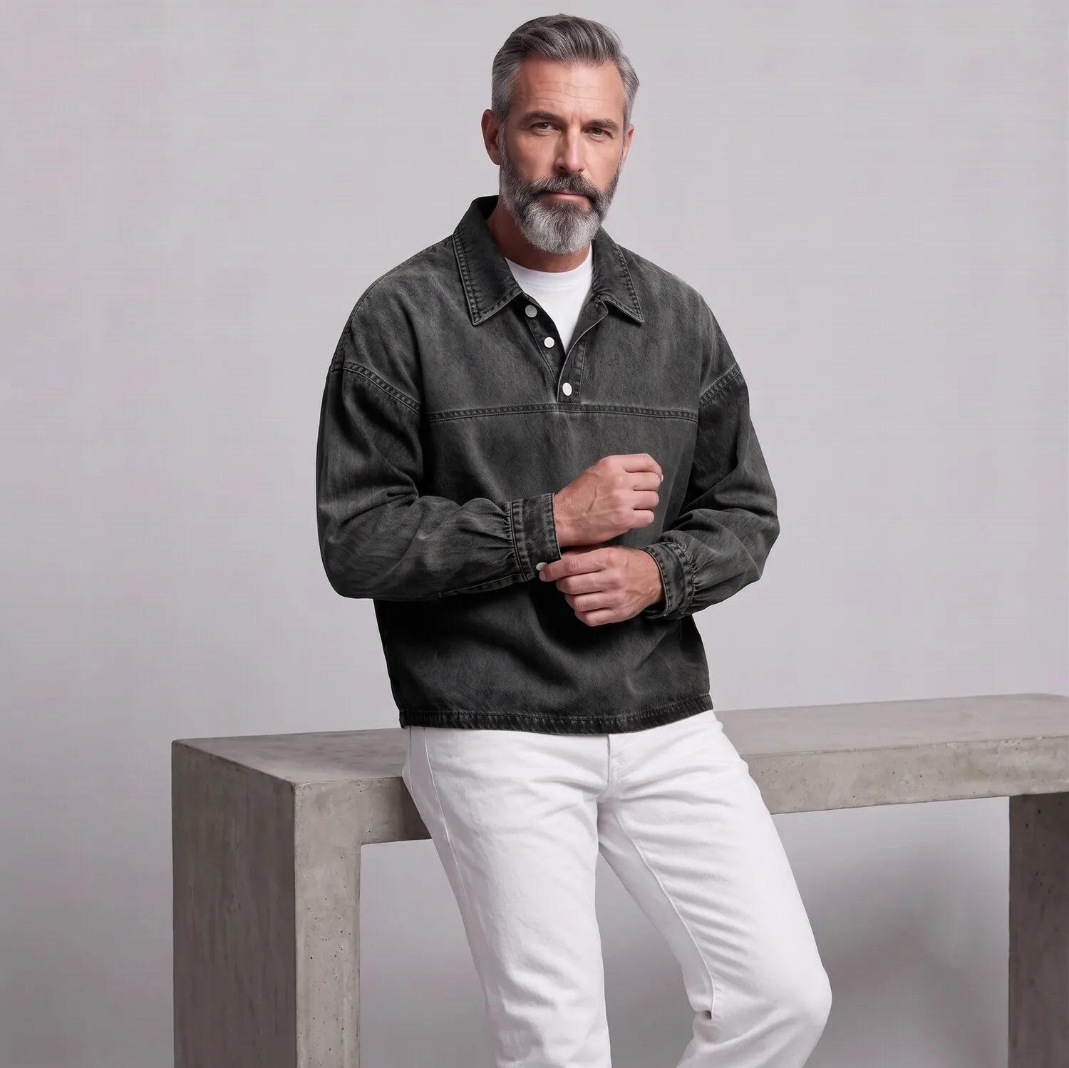 Sudadera retro de color sólido Turndown Collar Button Half Placket casual para hombre