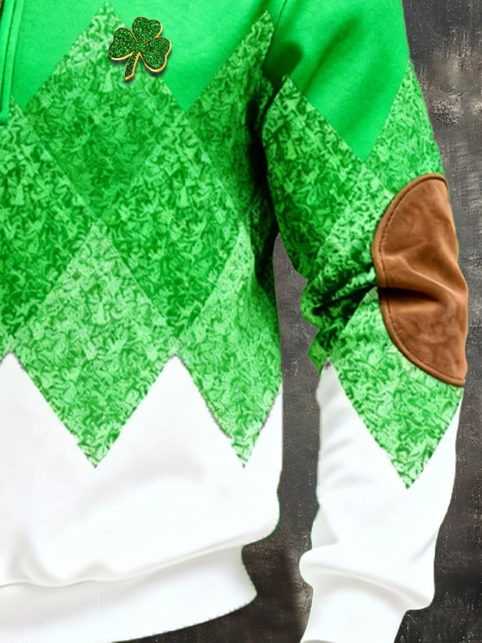 Sudadera (Detachable Shamrock Brooch Included) St. Patrick's Day estampado Color-Block con cierre con gorrasucha para hombre