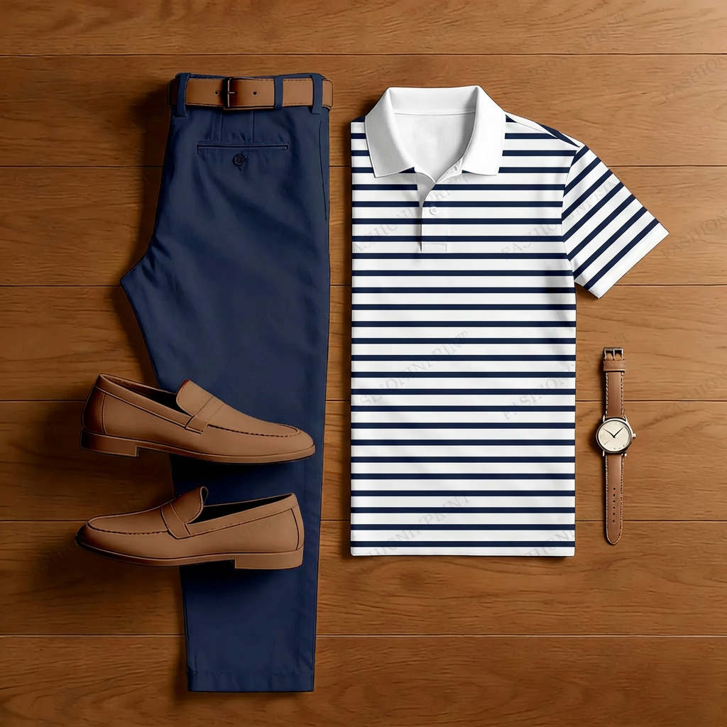 Conjunto de dos piezas casual Black a rayas de manga corta camisa polo And Trousers para hombre