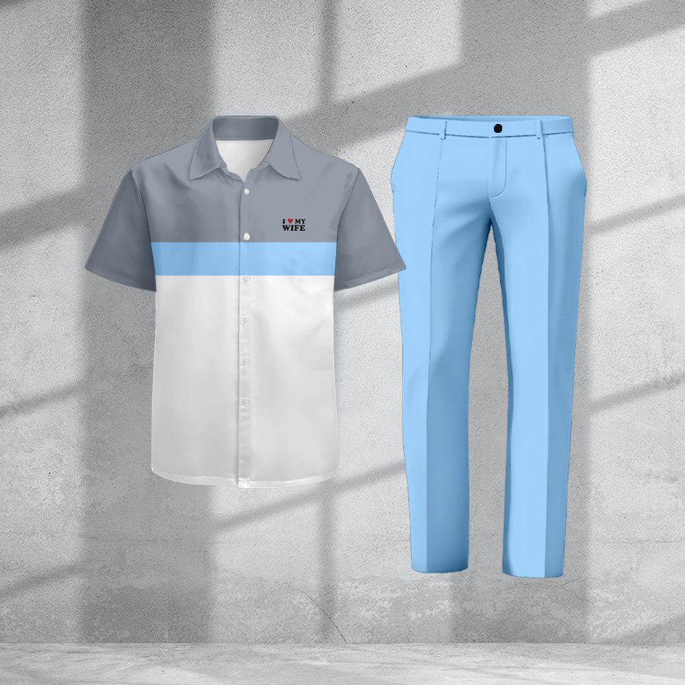 Conjunto de dos piezas casual Gray & White Geometry estampado camisa polo And pantalón para hombre