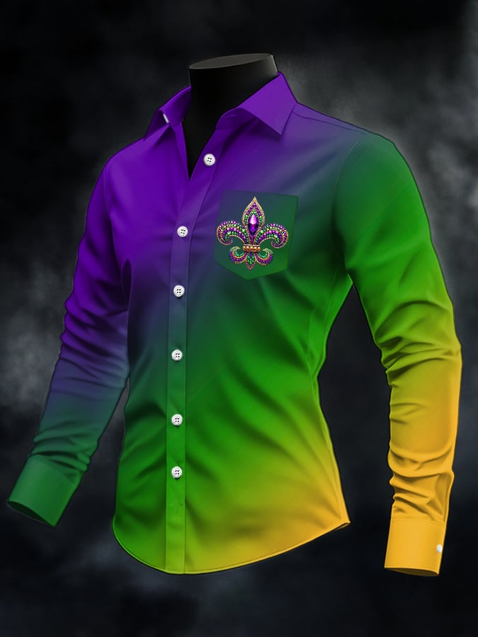 Mardi Gras degradado Design estampado de manga larga Pockecamiseta para hombre