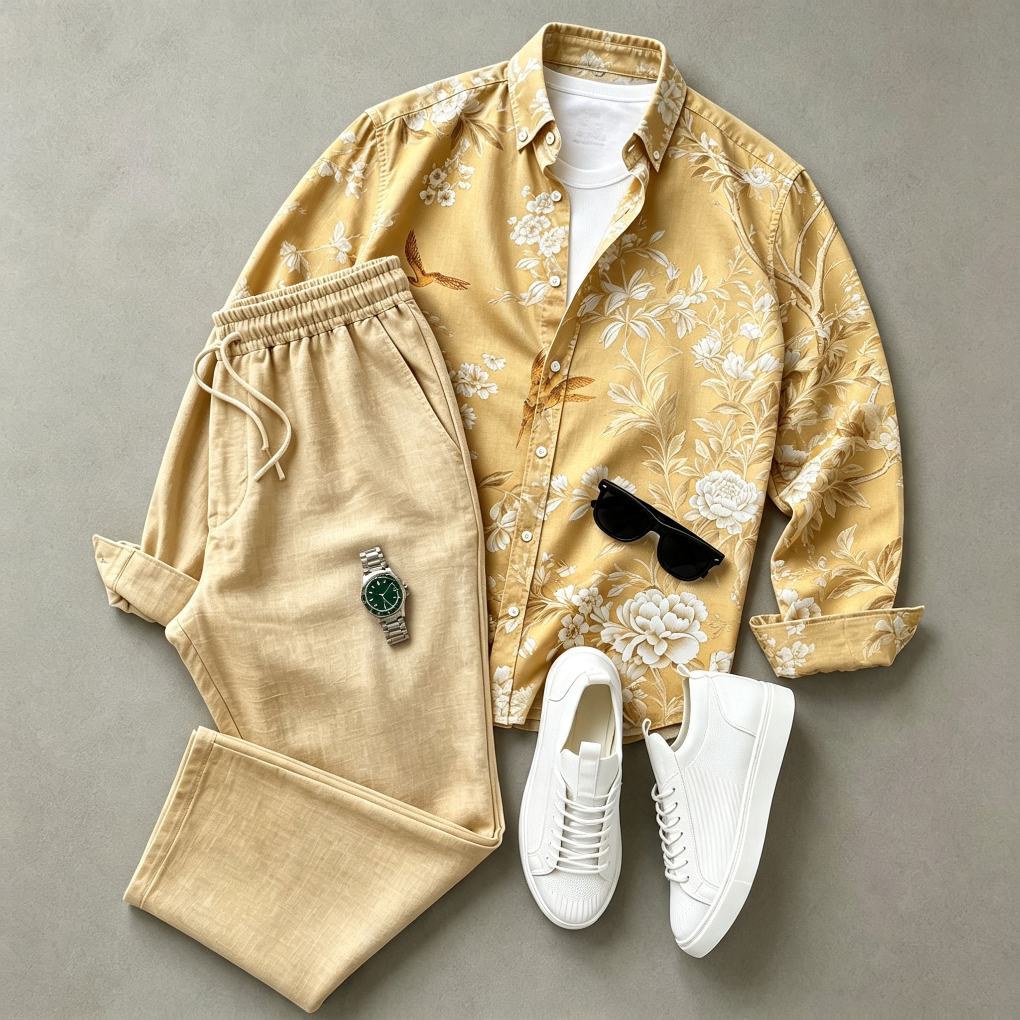 para hombre floral-Print de manga larga camisa and pantalón Set