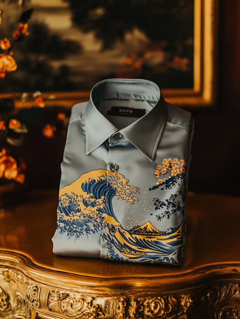 Camisa Ukiyo-e de lujo satén de manga larga para hombre
